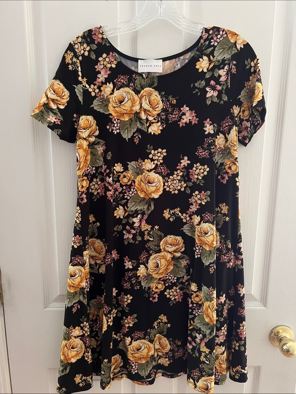 French Grey Black Midi Dress with Yellow Rose Floral Print